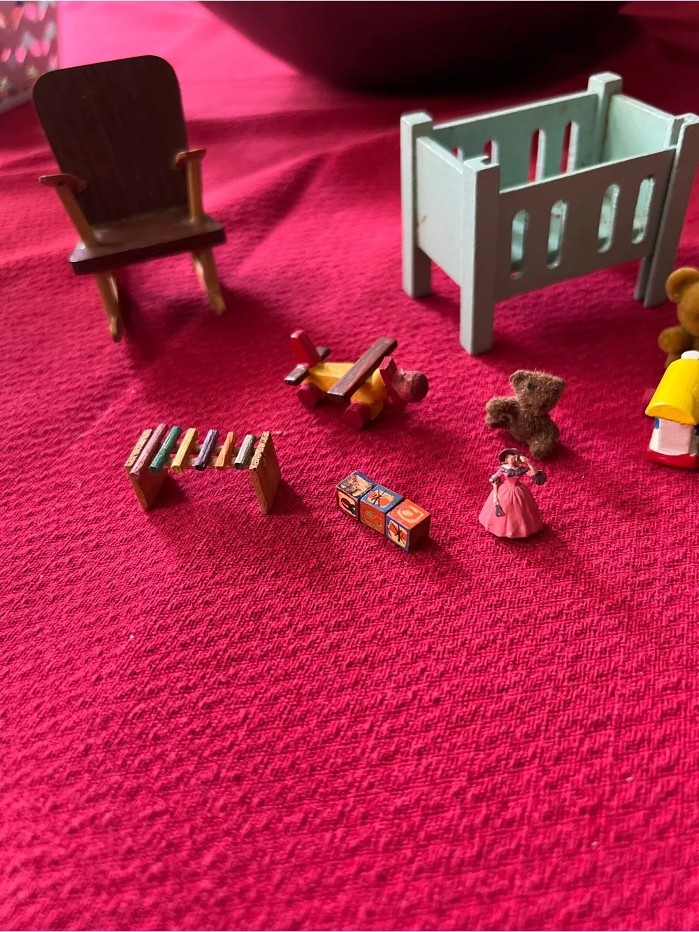Doll House Furniture Kids Bedroom with Toys and Blue Cradle